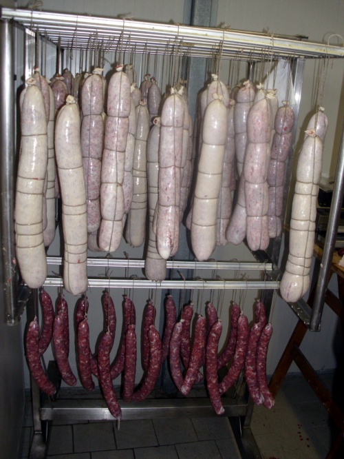 The salami is hanging to dry. Italian meat lesson: Salami with an A is all the minced/ground meat in a casing type preperations; and Salumi with a U is all of the cured pork products; salami, culatello, proscuitto and such