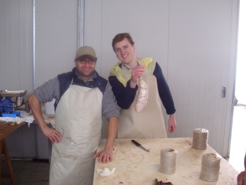 Mario and I with a type of salumi called cotechino: made from the skin and meat of the pig.